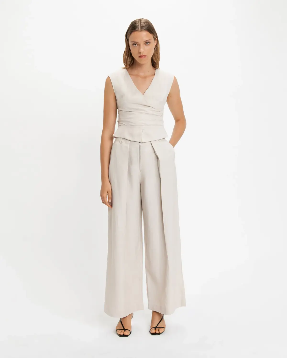 Cue Faux Wrap Top Stone Size 12 - Image 1