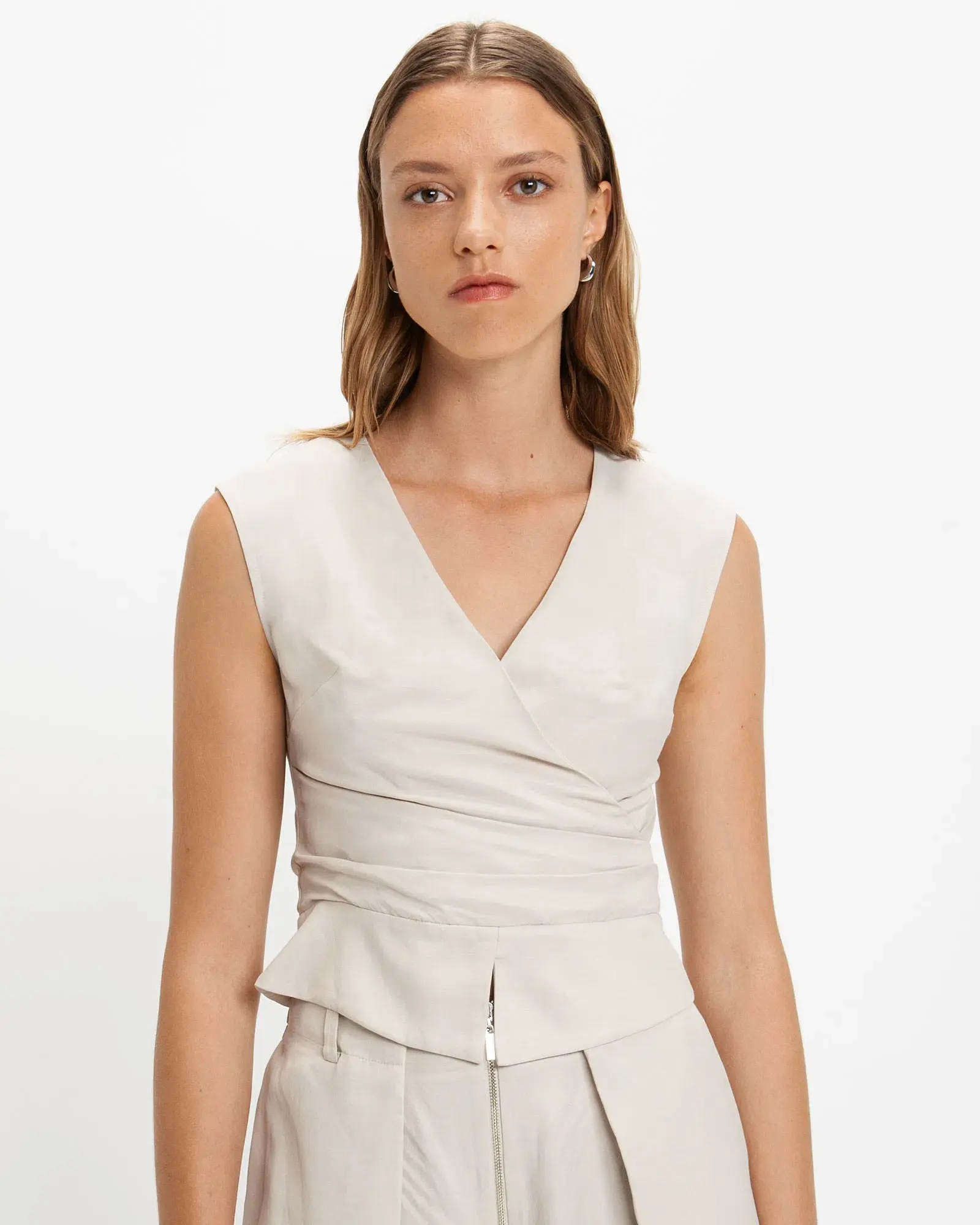 Cue Faux Wrap Top Stone Size 12 - Image 3