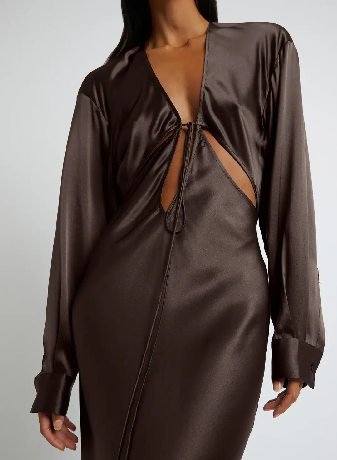 Christopher Esber Triquetra Front Tie Shirt Dress in Cocoa Size AU 8 for rent on The Volte - main image
