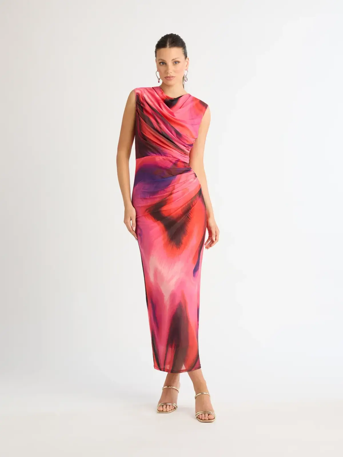 Sheike Tornado Mesh Maxi Dress Red and Pink Watercolour Print 12 - Image 1