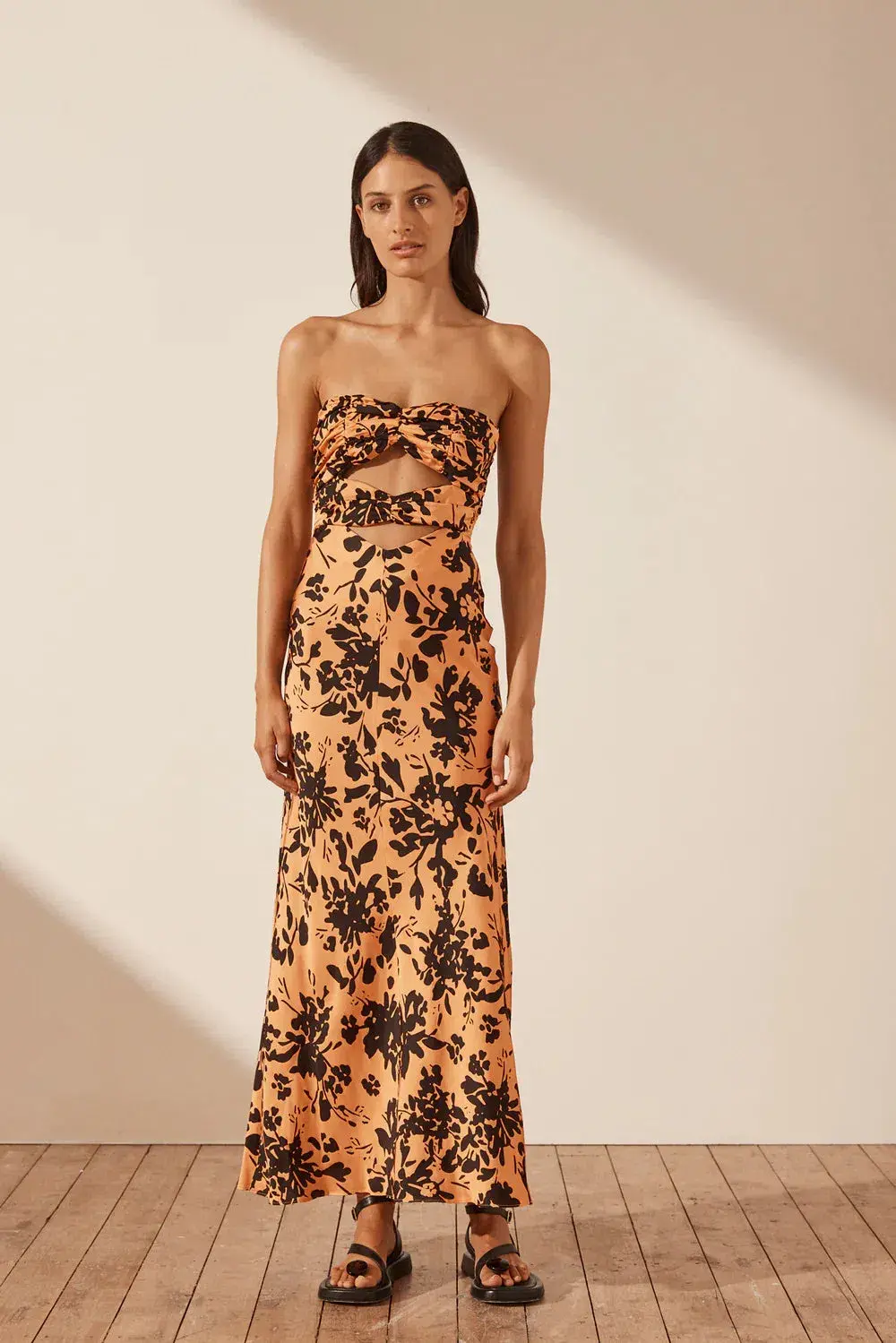Shona Joy Solare Strapless Cut Out Ruched Midi Dress Floral Size 6 - Image 1