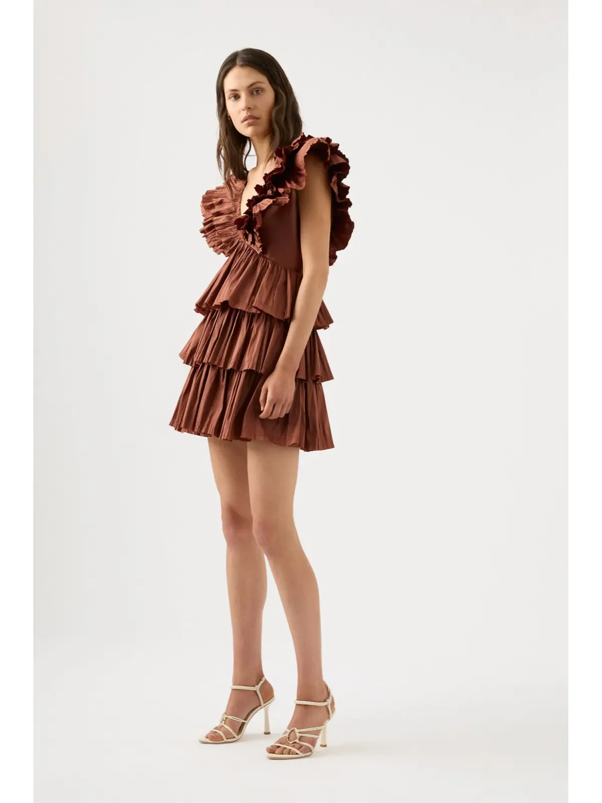 Aje Rhythmic Frilled Mini Dress Coffee Size AU 14 - Image 3