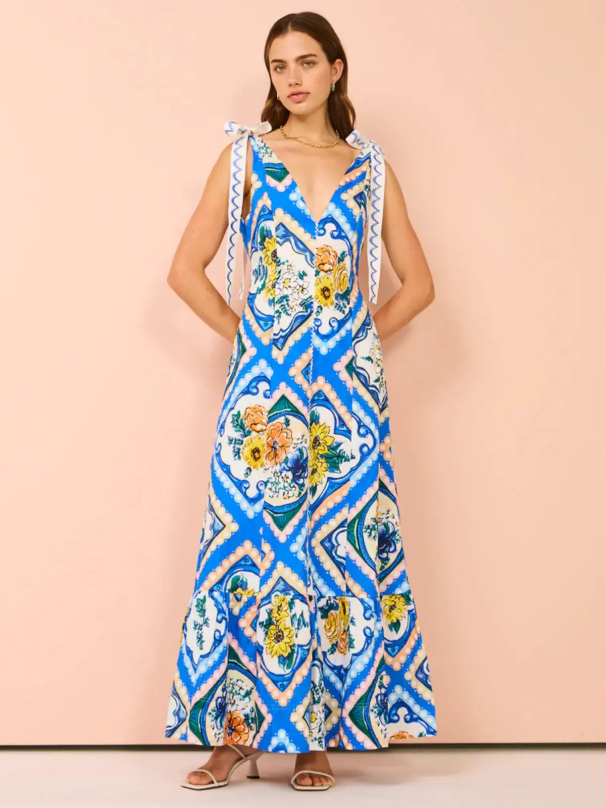 By Nicola Adoncia Tie Shoulder Maxi Dress in Azure Floral Size AU 14 - Image 1