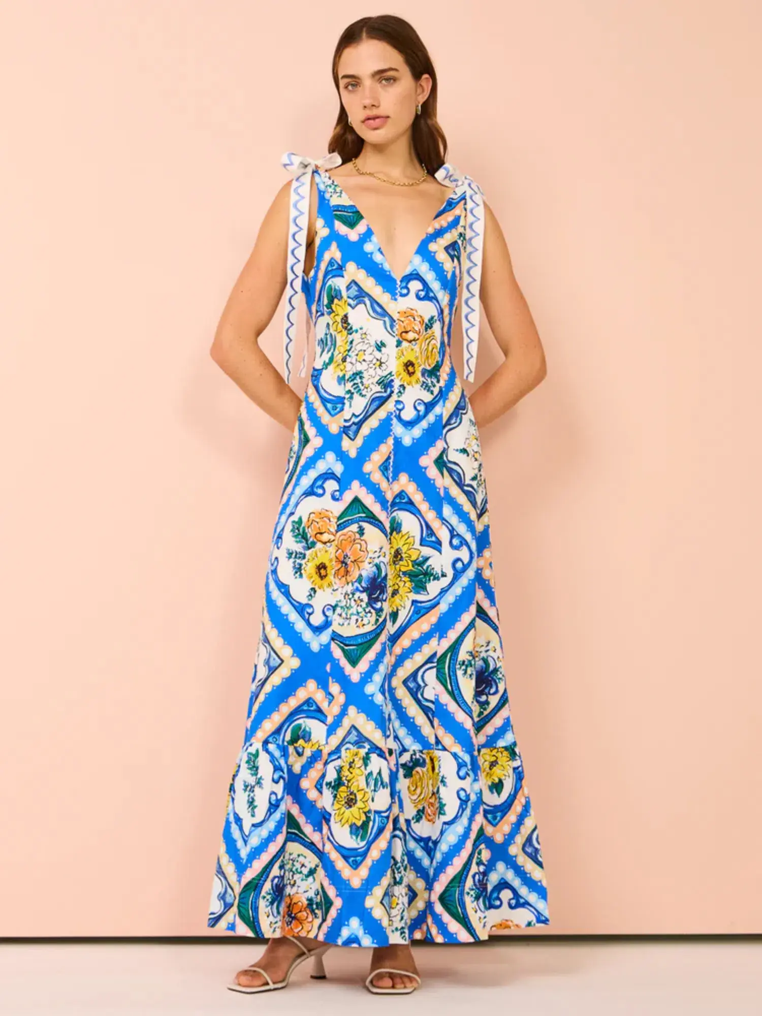 By Nicola Adoncia Tie Shoulder Maxi Dress in Azure Floral Size AU 14 - Image 1