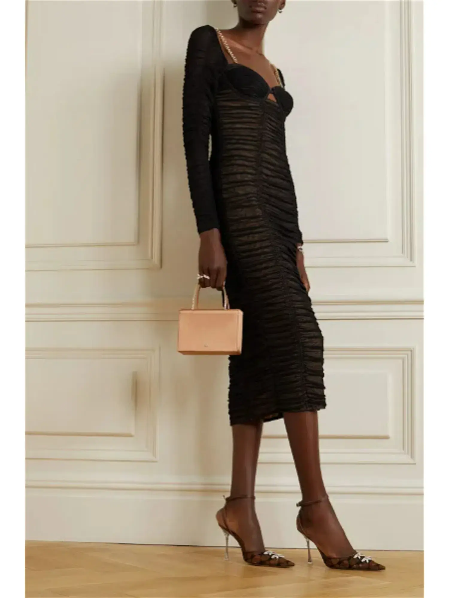 Self Portrait Crystal-Embellished Cutout Ruched Stretch-Mesh Midi Dress Black Size AU 12 - Image 3