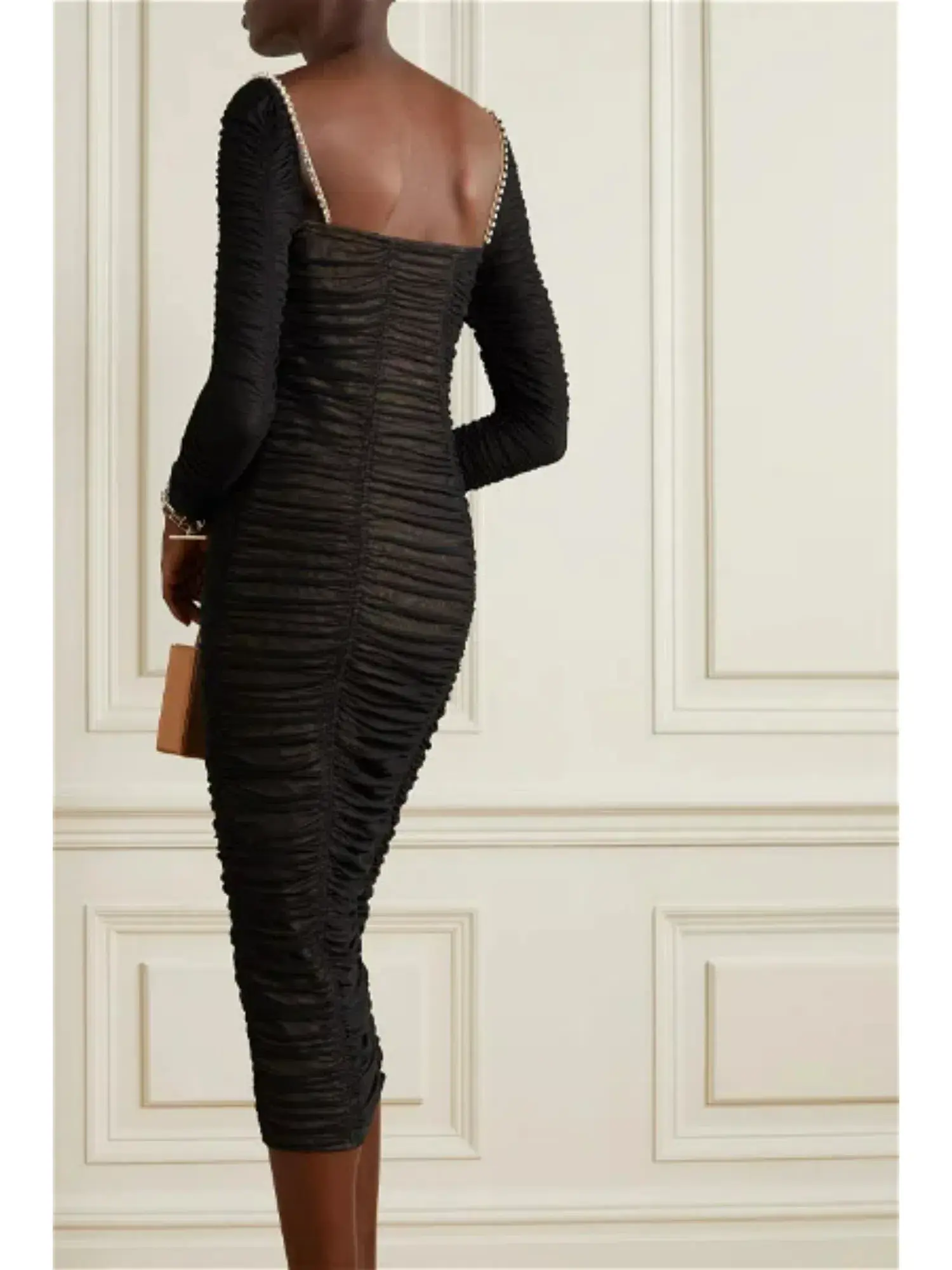 Self Portrait Crystal-Embellished Cutout Ruched Stretch-Mesh Midi Dress Black Size AU 12 - Image 4