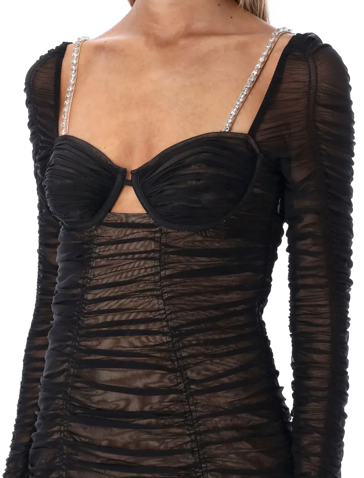 Self Portrait Crystal-Embellished Cutout Ruched Stretch-Mesh Midi Dress Black Size AU 12 - Image 2