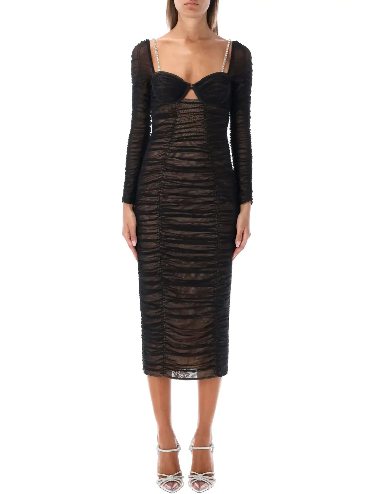 Self Portrait Crystal-Embellished Cutout Ruched Stretch-Mesh Midi Dress Black Size AU 12 - Image 1