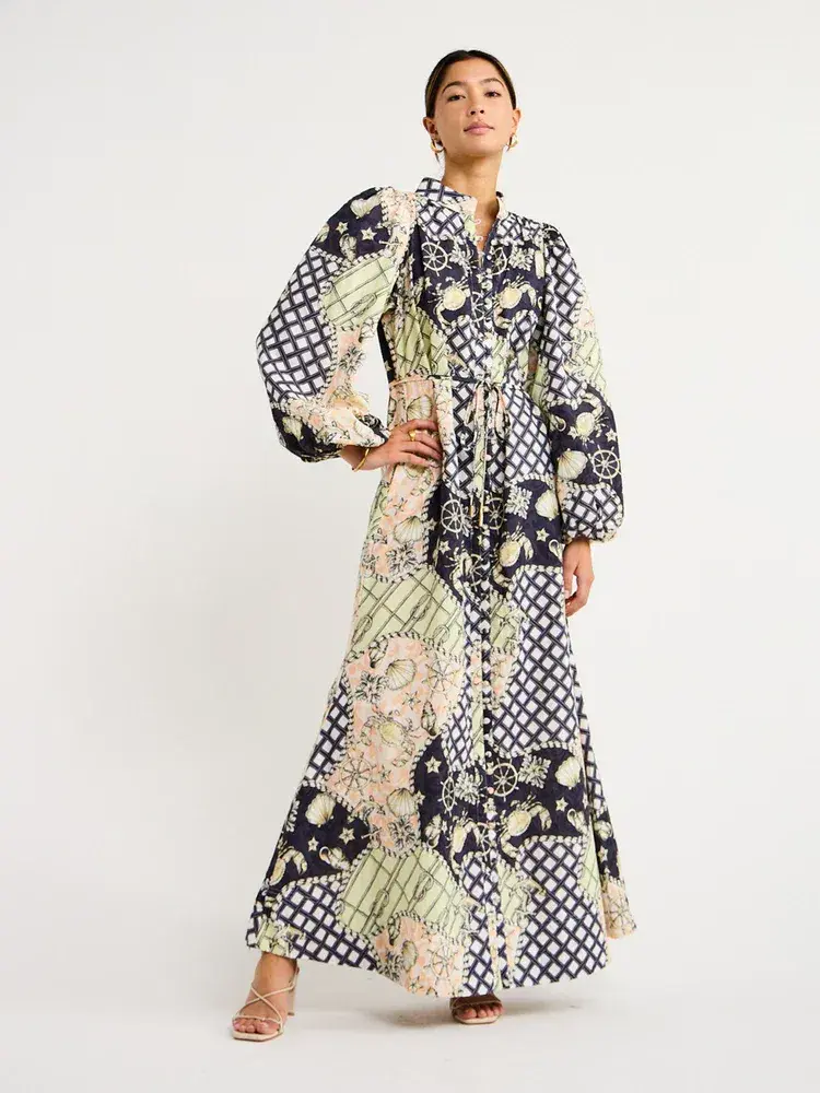 By Nicola Sail Maxi Billow Sleeve Dress in Geo/Nautical Size AU 8 - Image 1