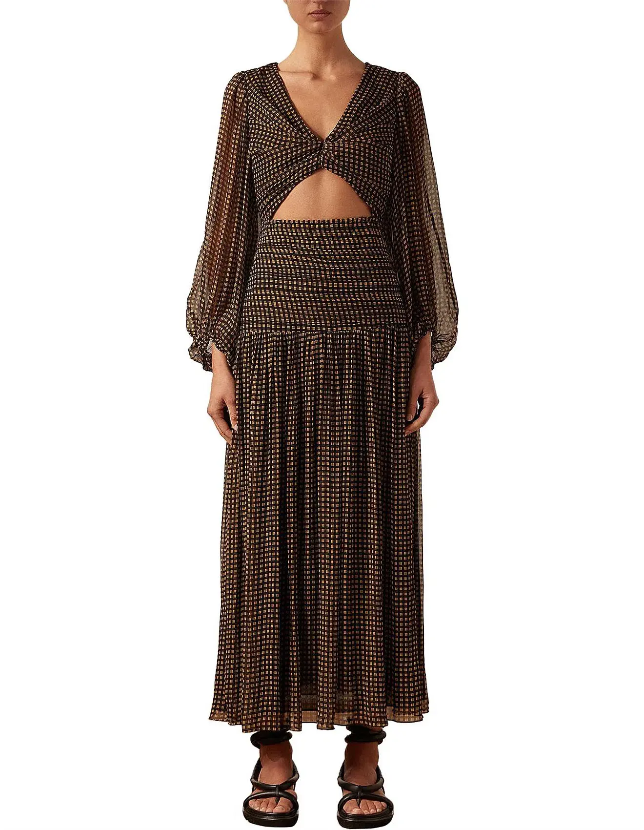 Shona Joy Sofia Ruched Cut Out Midi Dress Print Size 10 - Image 1