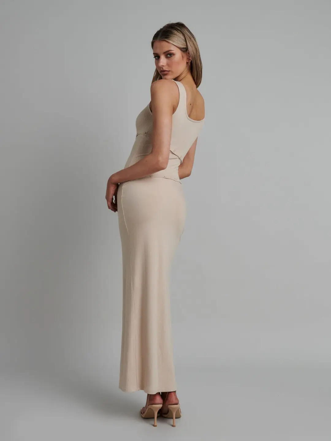 Bayse Brand Crys Singlet Midi Dress Beige Size 10 for rent on The Volte - main image