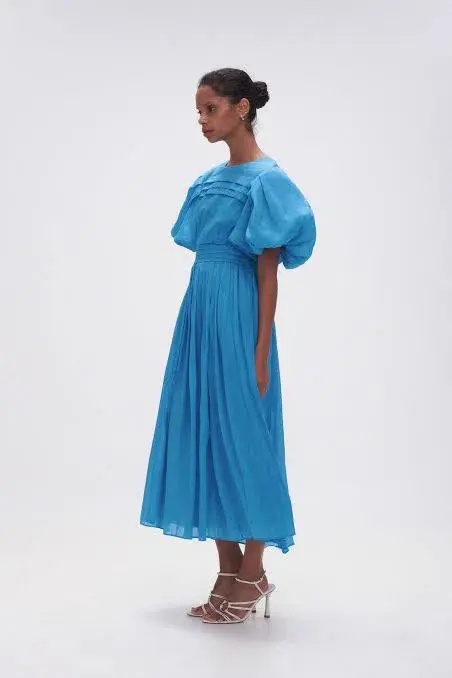 Aje Sylvia Pintuck Midi Dress Azure Blue Size 8 - Image 4