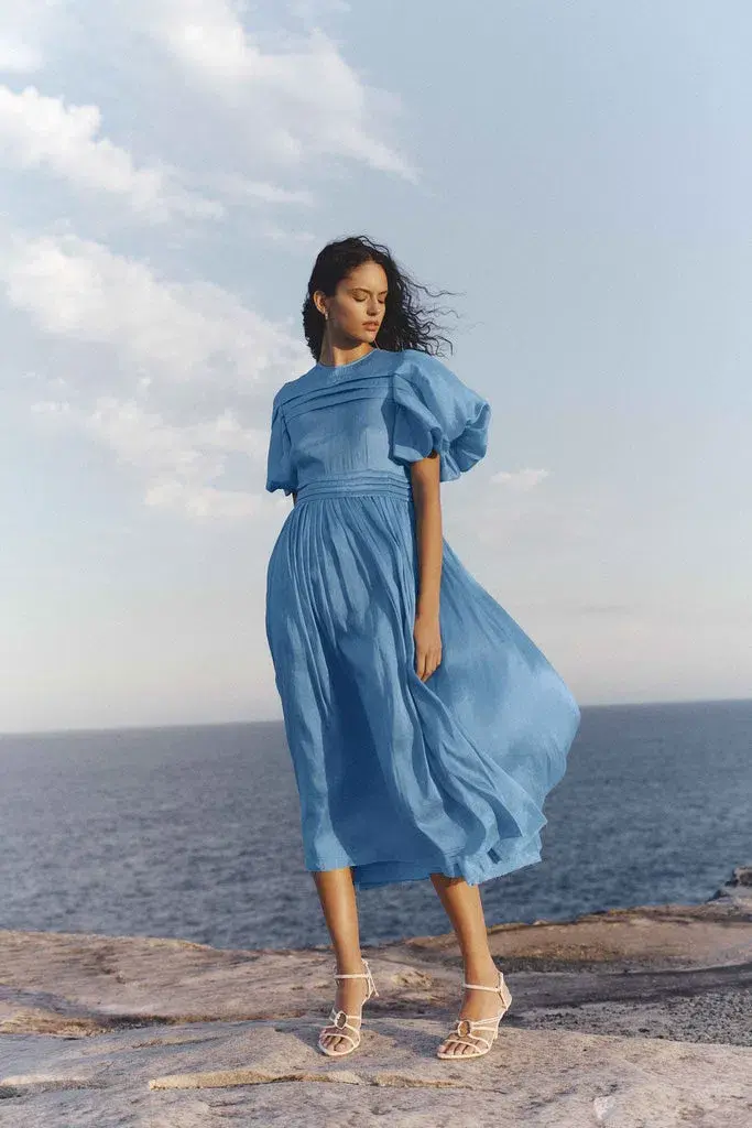 Aje Sylvia Pintuck Midi Dress Azure Blue Size 8 - Image 1