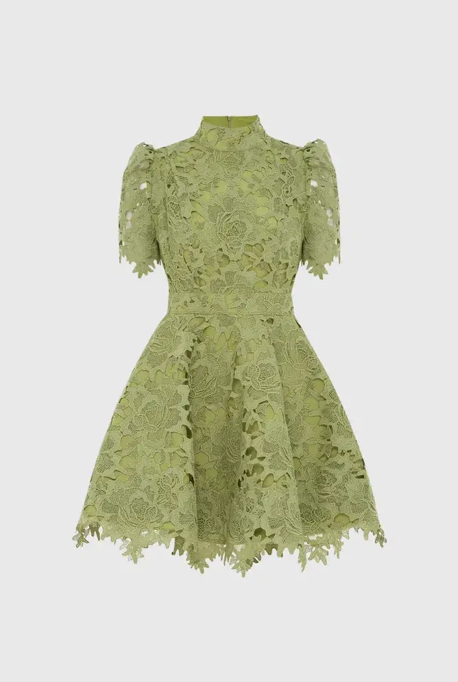Leo Lin Elise Lace Short Sleeve Mini Dress in Olive Size AU 12 for rent on The Volte - main image