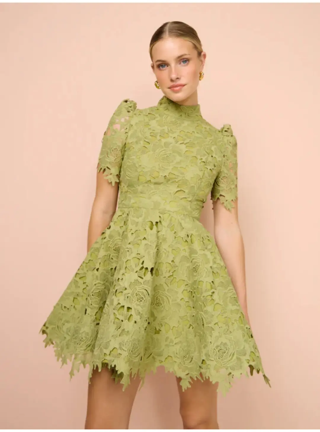Leo Lin Elise Lace Short Sleeve Mini Dress in Olive Size AU 12 for rent on The Volte - main image