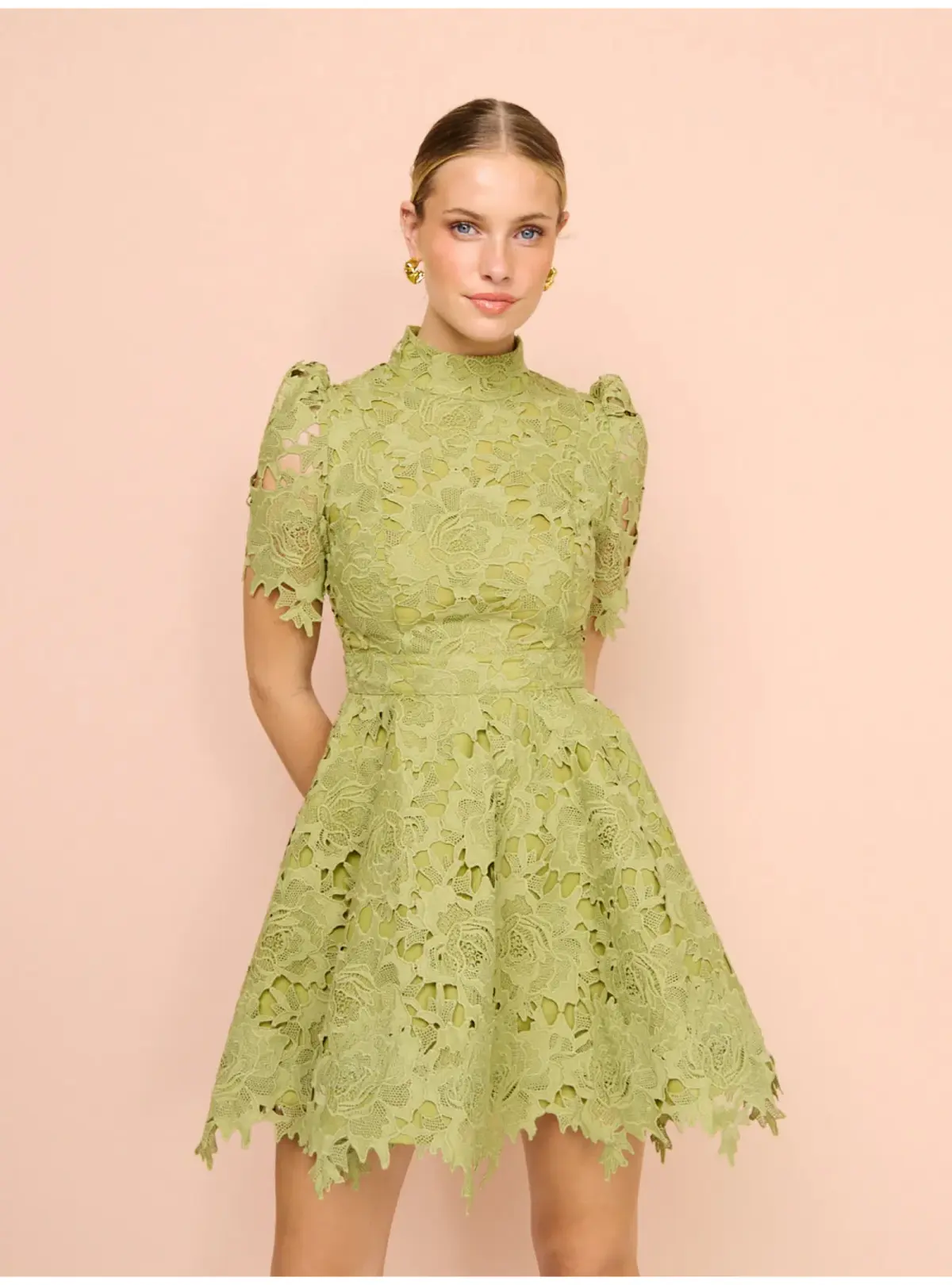 Leo Lin Elise Lace Short Sleeve Mini Dress in Olive Size AU 12 - Image 3