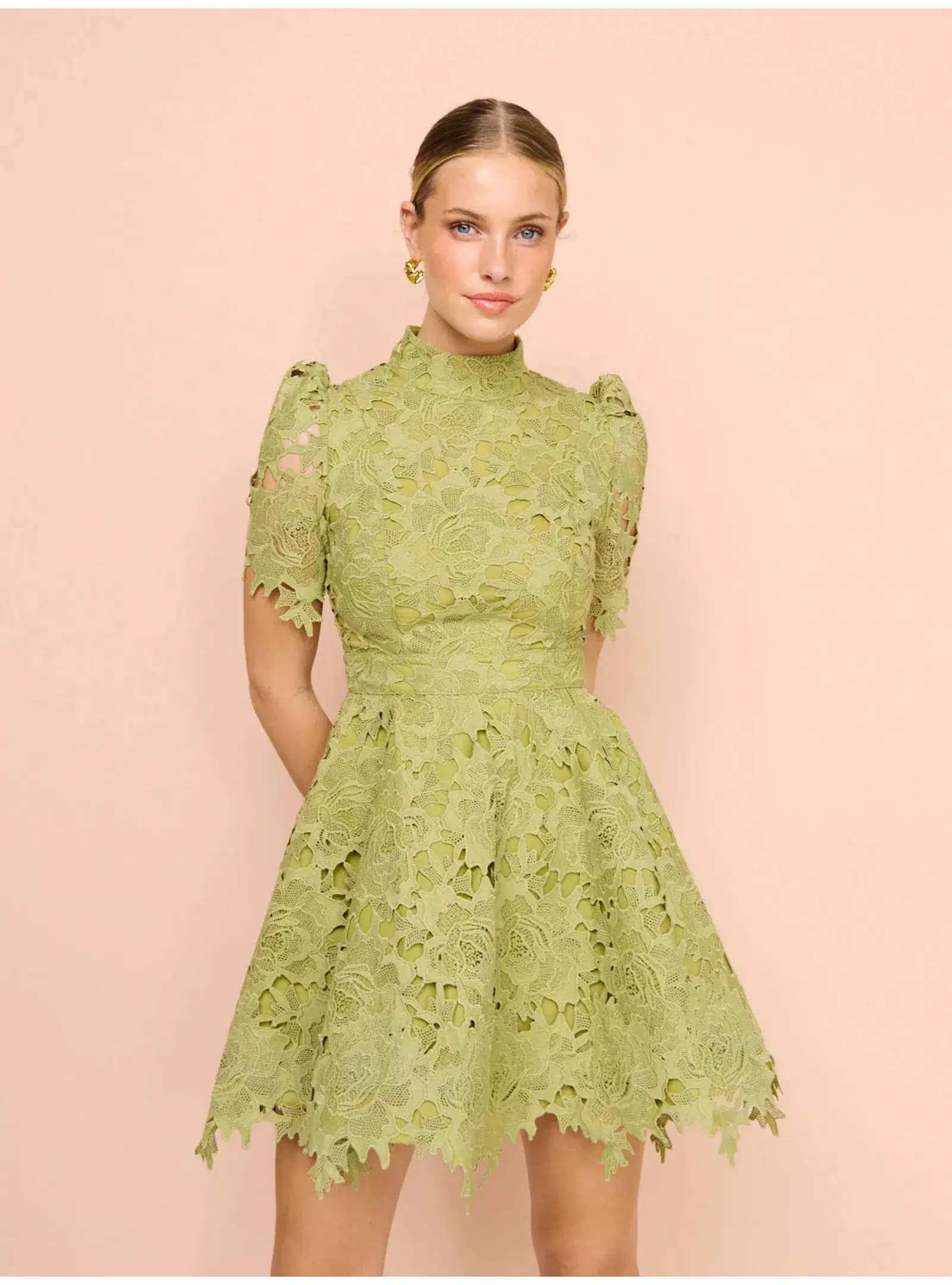 Leo Lin Elise Lace Short Sleeve Mini Dress in Olive Size AU 12 - Image 3