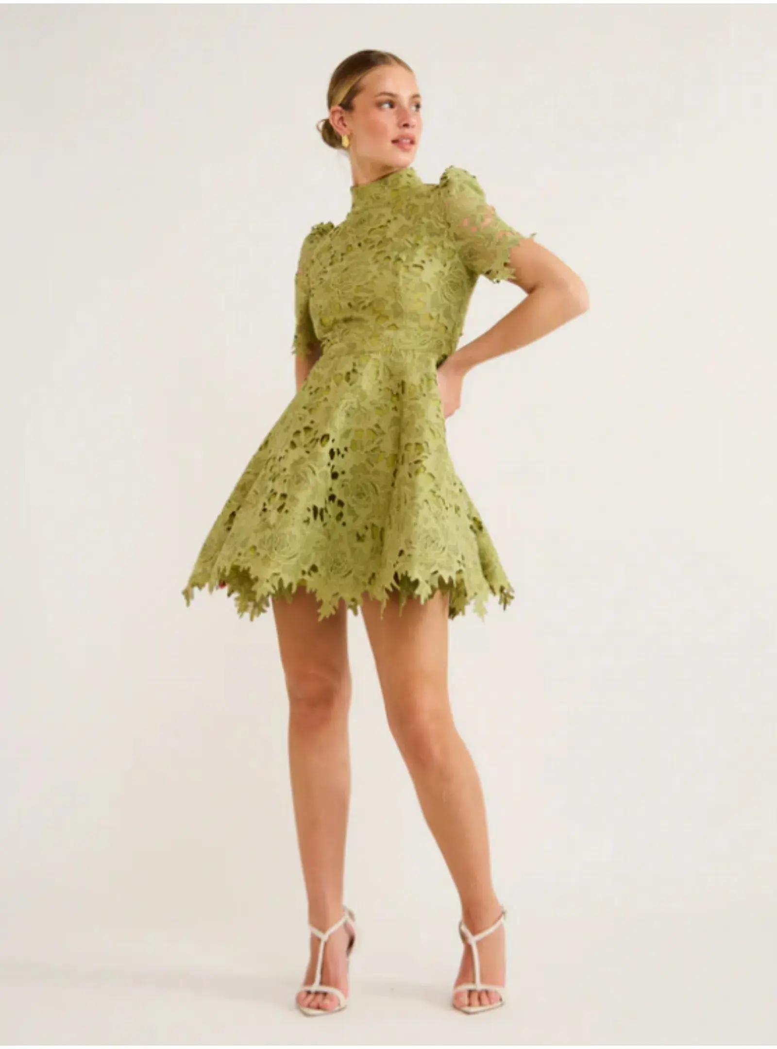 Leo Lin Elise Lace Short Sleeve Mini Dress in Olive Size AU 12 - Image 1