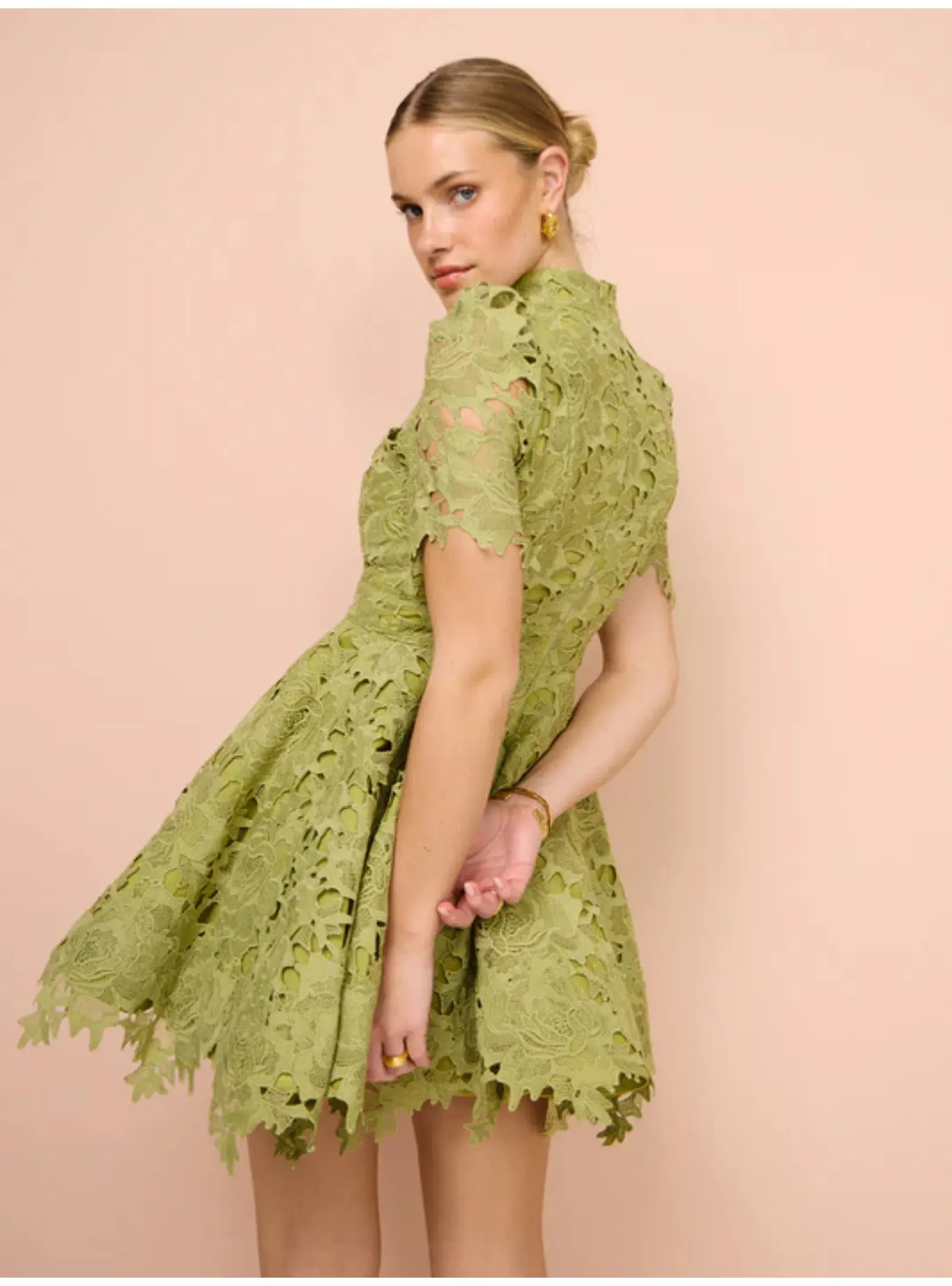 Leo Lin Elise Lace Short Sleeve Mini Dress in Olive Size AU 12 - Image 4