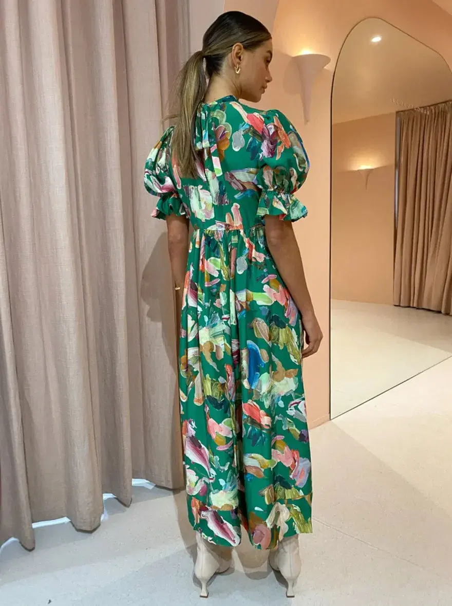 Alemais Arlo Puff Sleeve Midi Dress Green/Print Size 8  - Image 2