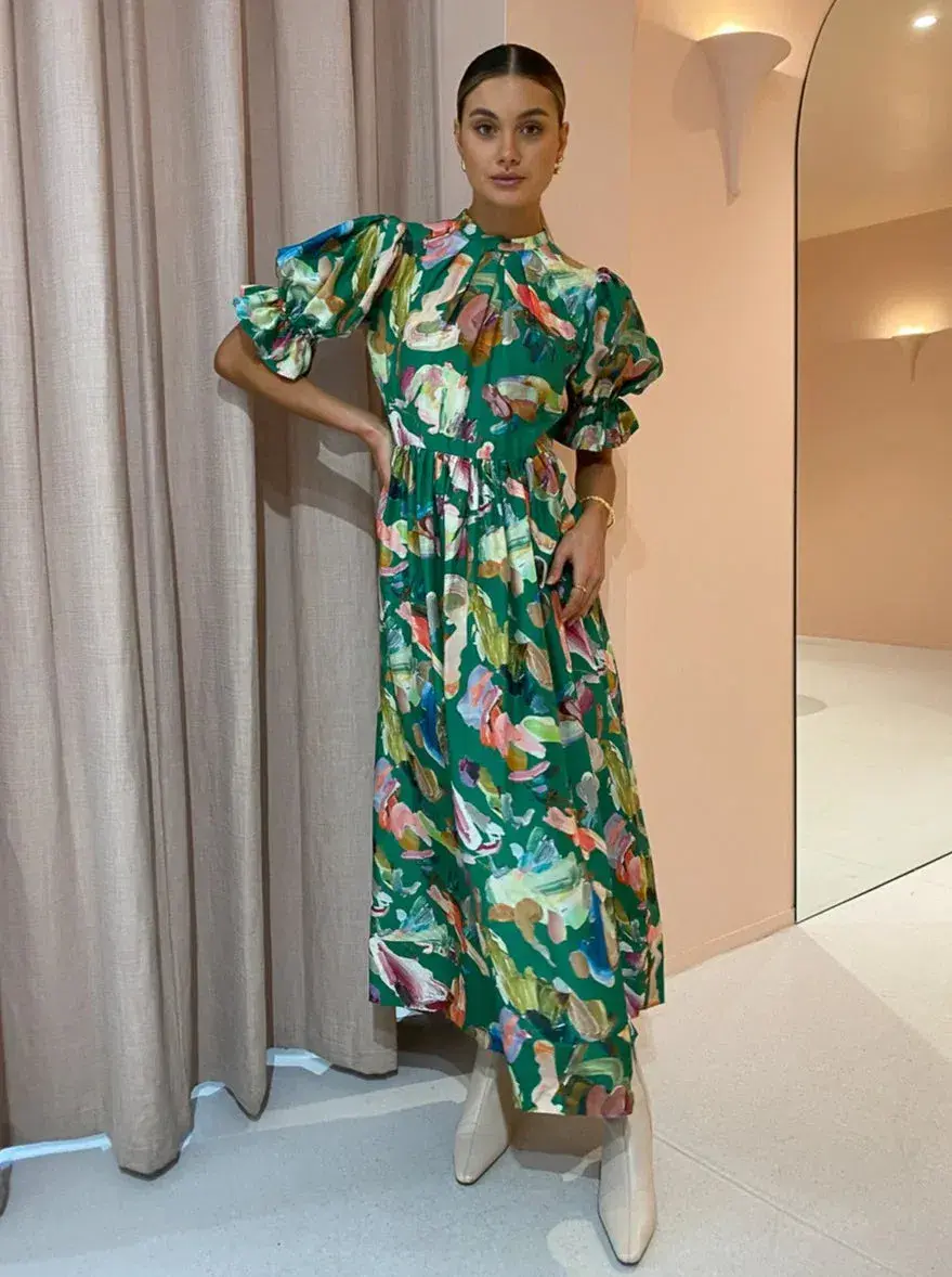 Alemais Arlo Puff Sleeve Midi Dress Green/Print Size 8  - Image 1