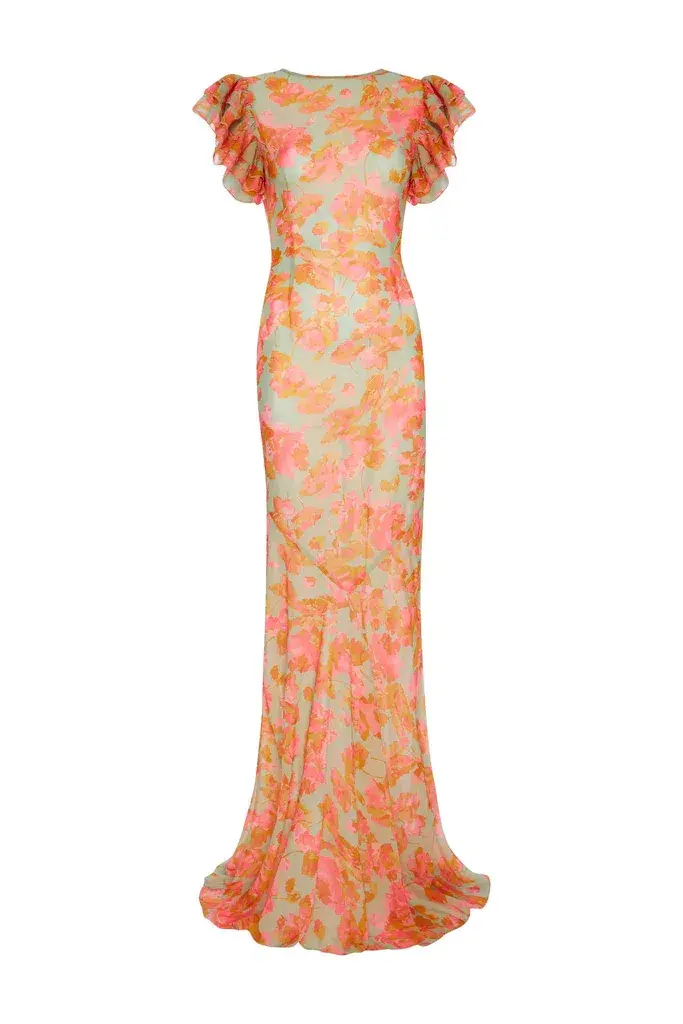 De La Vali Bougainvillea Maxi Dress Chiffon Sage Floral Size 6 - Image 5