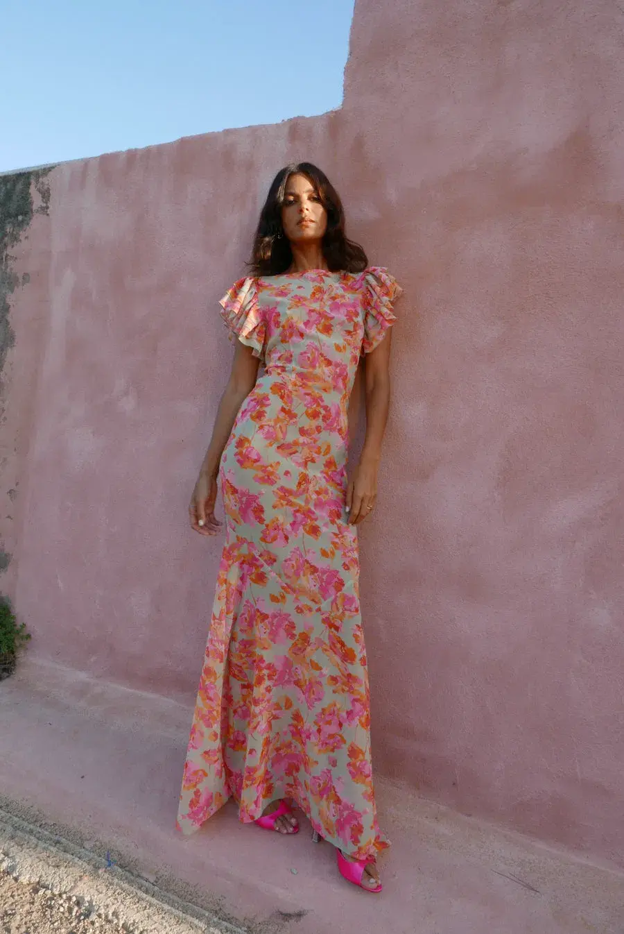 De La Vali Bougainvillea Maxi Dress Chiffon Sage Floral Size 6 - Image 2