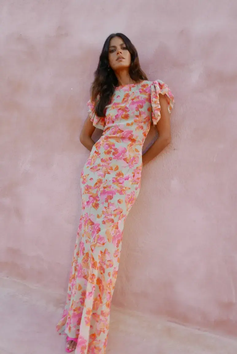 De La Vali Bougainvillea Maxi Dress Chiffon Sage Floral Size 6 - Image 1