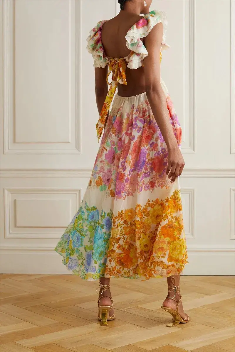 Zimmermann Raie Cut Out Ruffled Printed Silk-Chiffon Midi Dress Multi Floral Size 4/ AU 16 - Image 2
