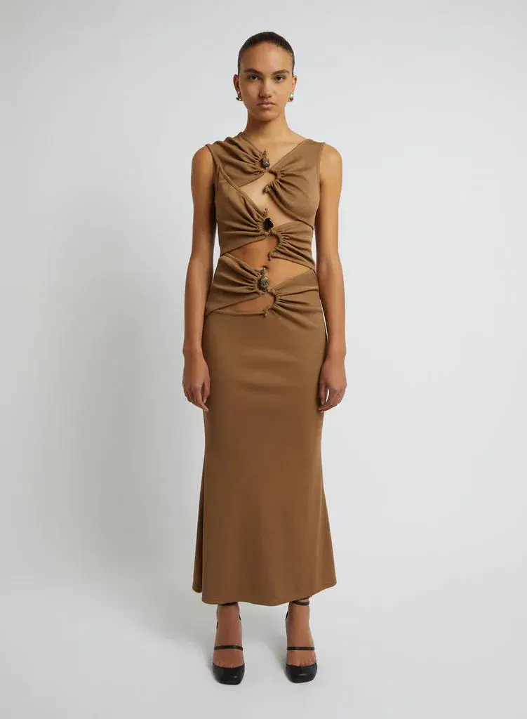 Christopher Esber Frequency Crystal Stone Multi Gather Dress Brown Size 10 - Image 1
