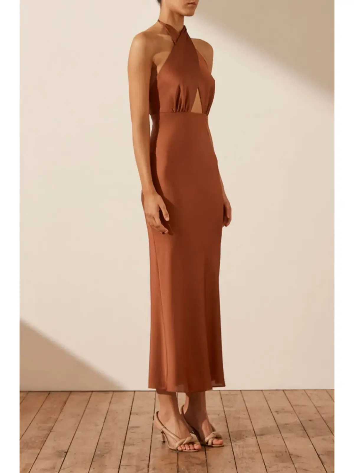 Shona Joy Luxe Cross Front Halter Midi Dress Mocha Size AU 12 - Image 2