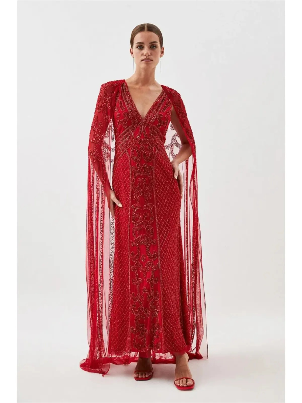 Karen Millen Petite Embellished Woven Maxi Dress With Cape in Red Size AU 4 - Image 1