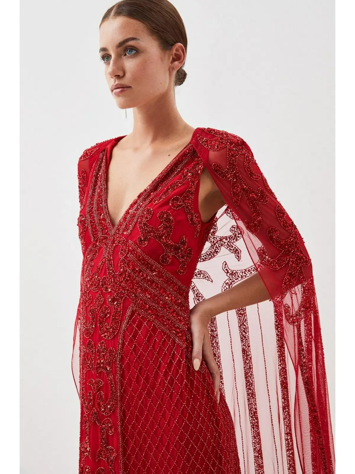 Karen Millen Petite Embellished Woven Maxi Dress With Cape in Red Size AU 4 - Image 2