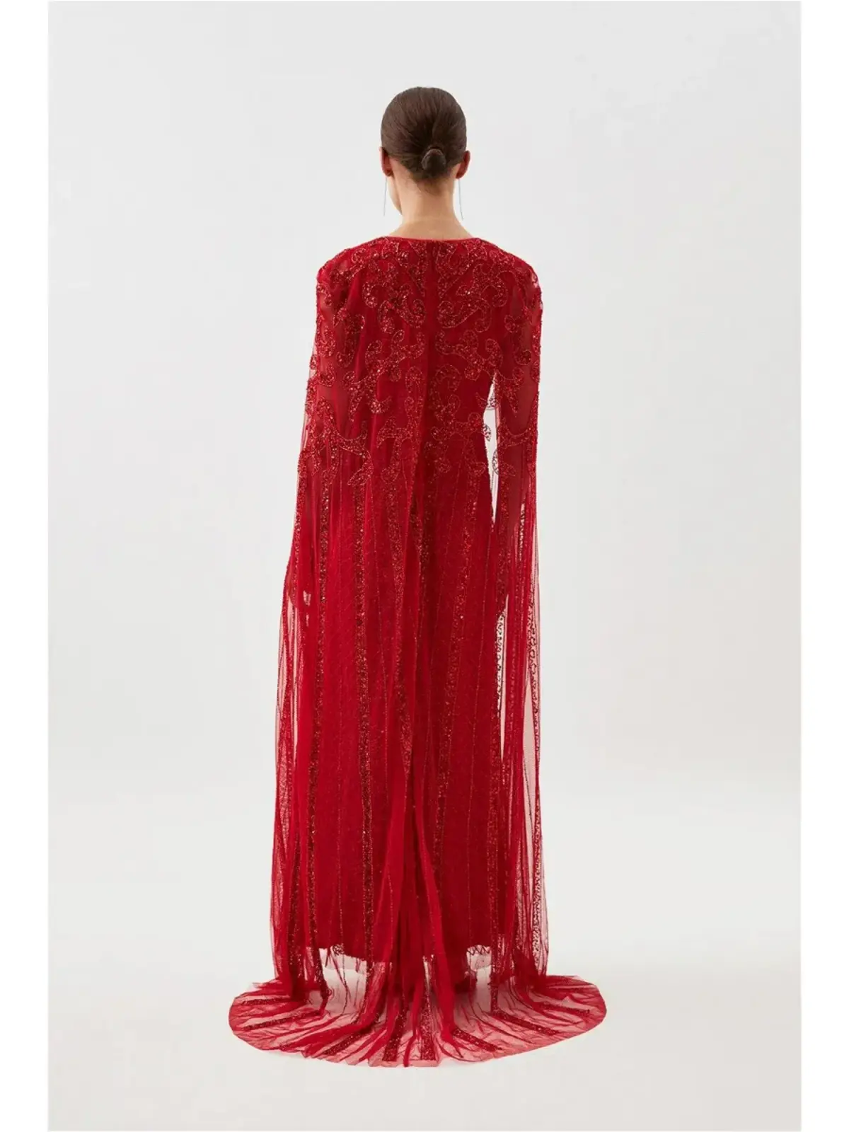 Karen Millen Petite Embellished Woven Maxi Dress With Cape in Red Size AU 4 - Image 3