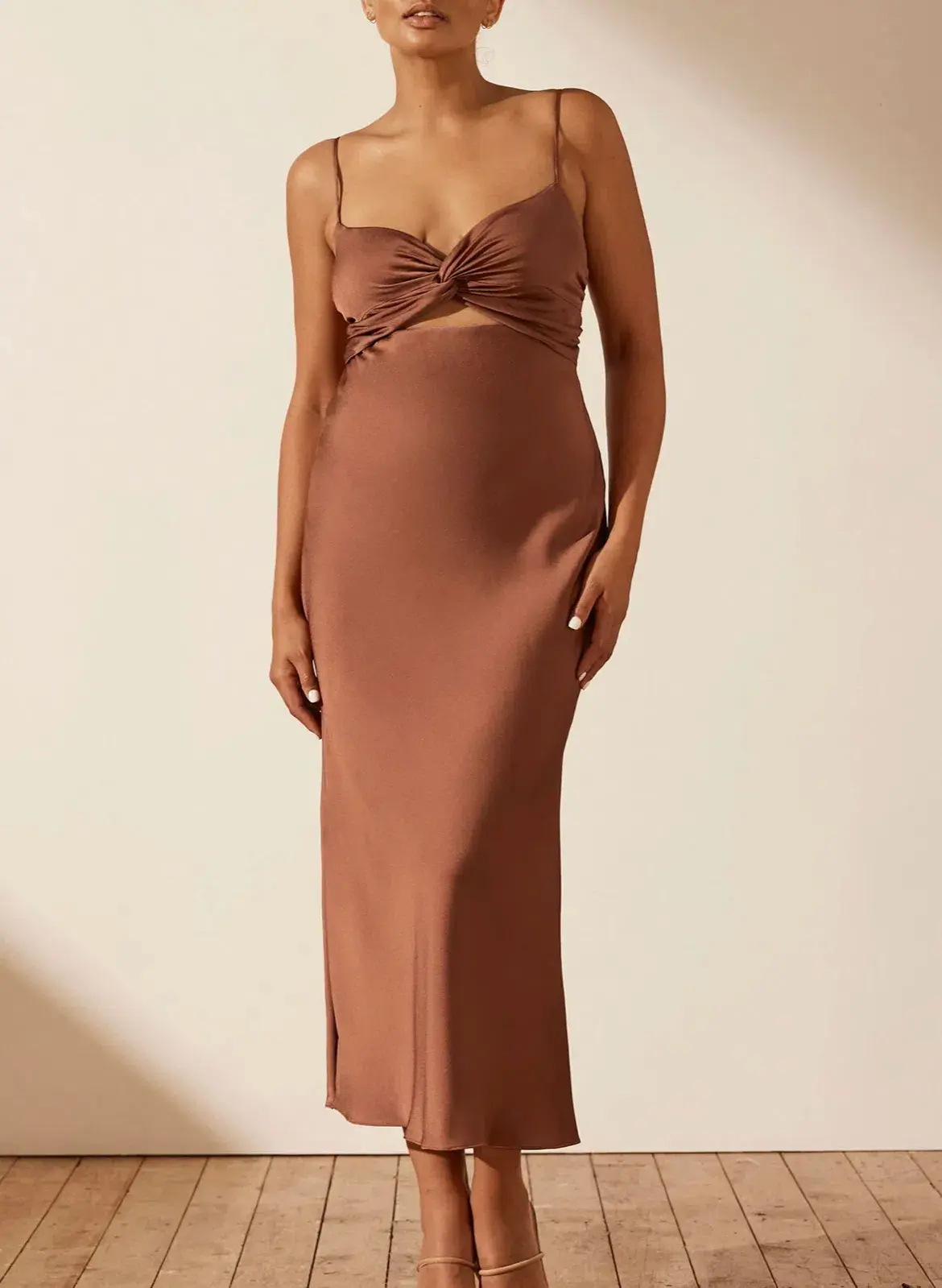 Shona Joy Luxe Twist Front Sleeveless Midi Dress Mocha Size AU 16 - Image 2