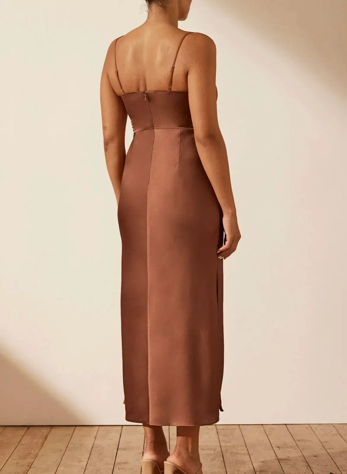 Shona Joy Luxe Twist Front Sleeveless Midi Dress Mocha Size AU 16 - Image 4