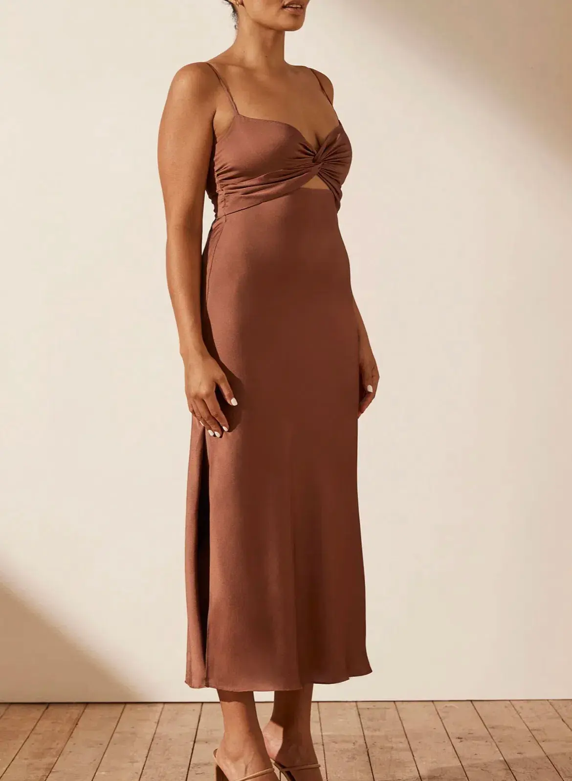 Shona Joy Luxe Twist Front Sleeveless Midi Dress Mocha Size AU 16 - Image 3