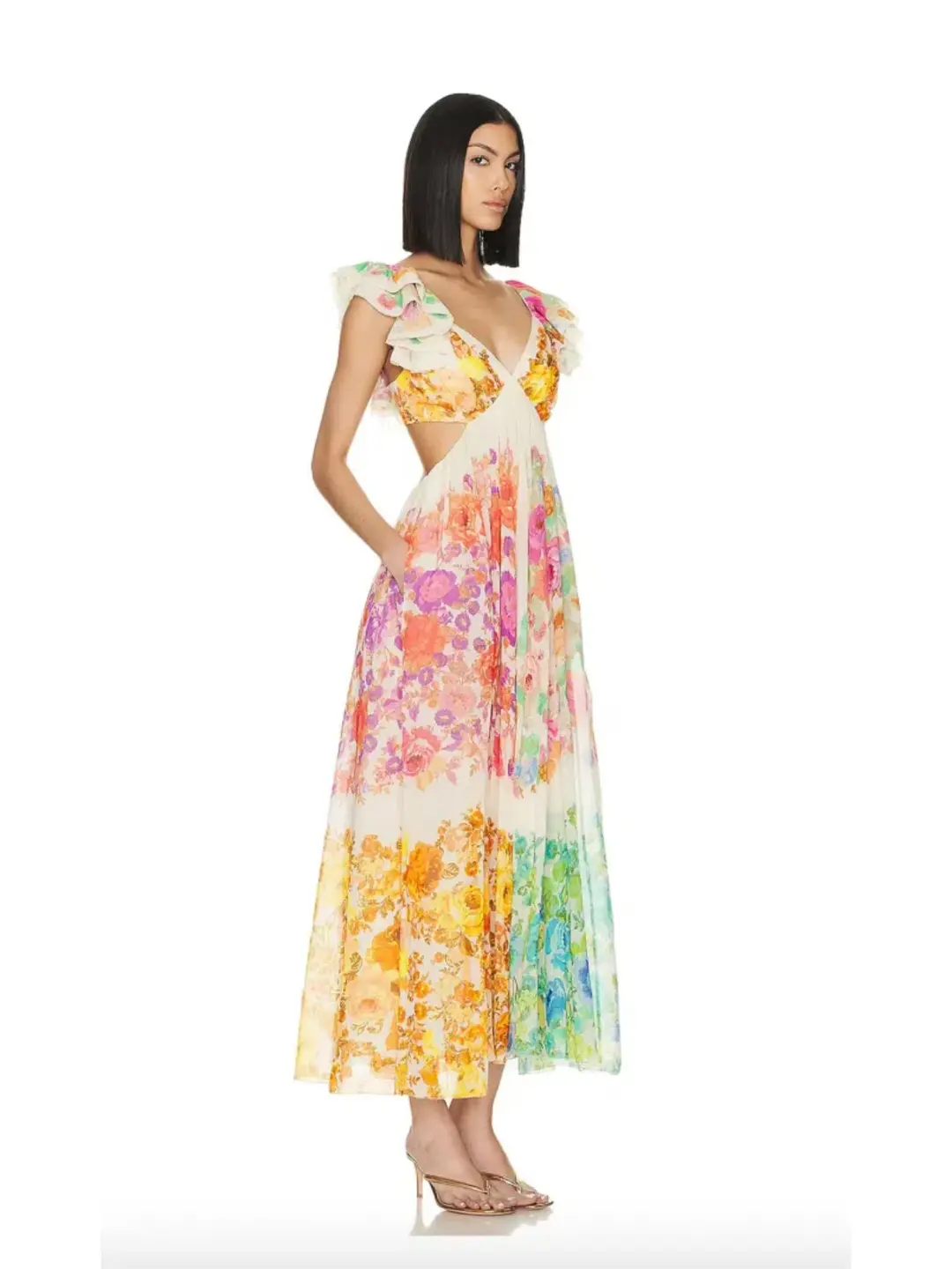 Zimmermann Raie Frill Shoulder Midi Dress Multi Floral Size 1/AU 10  for rent on The Volte - main image