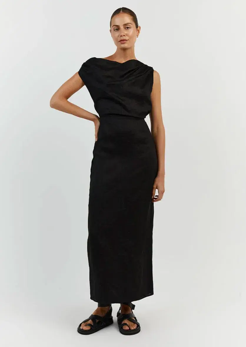 Dissh Cass Linen Asym Midi Dress Black Size 10 for rent on The Volte - main image