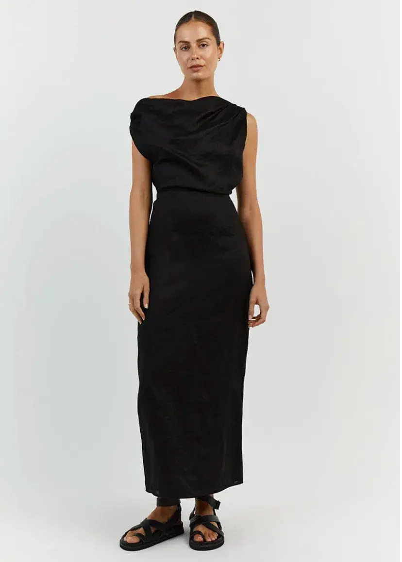 Dissh Cass Linen Asym Midi Dress Black Size 10 for rent on The Volte - main image