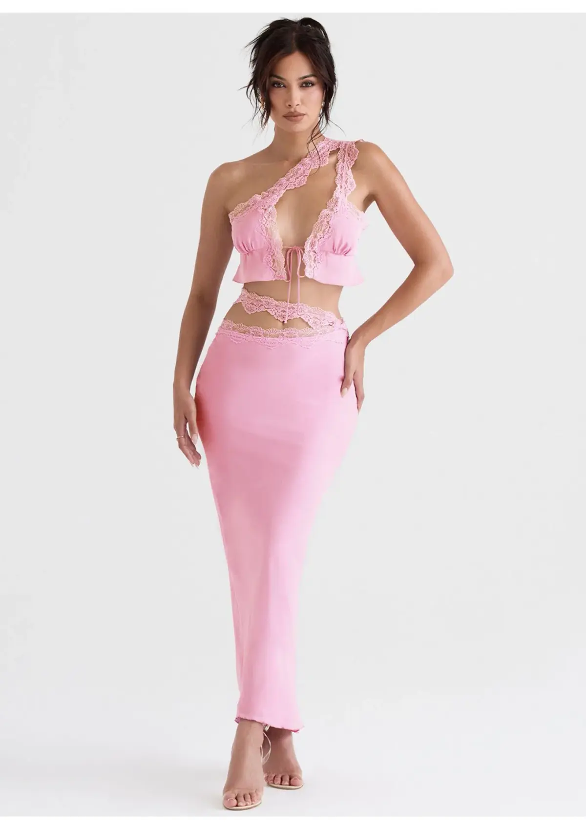 House of CB Lorena Floaty Cropped Top and Mathilda Lace Trim Skirt Set Pink Size 8 - Image 1