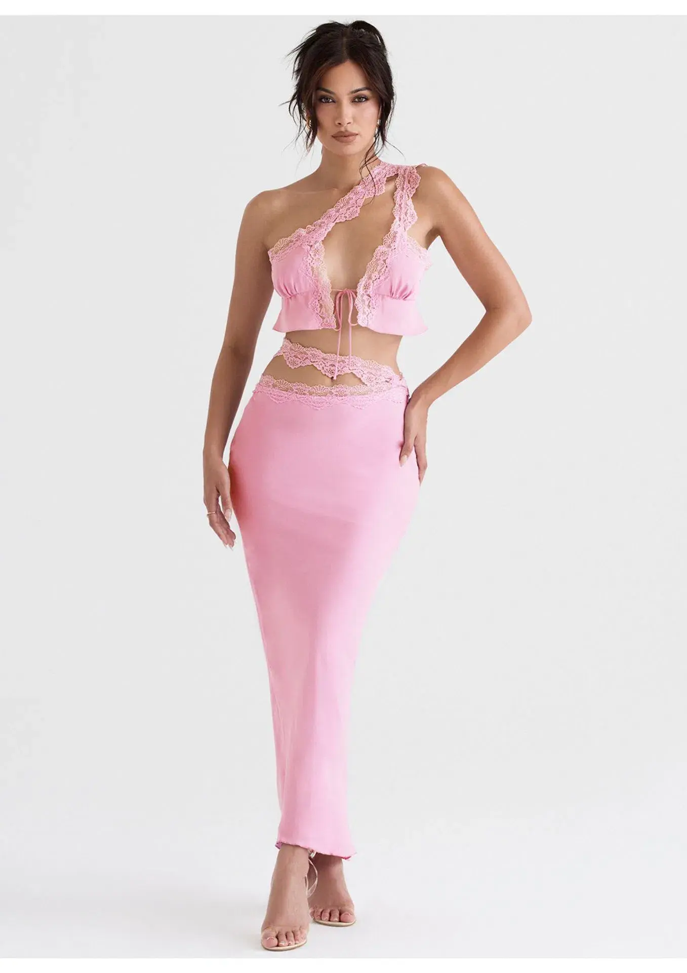 House of CB Lorena Floaty Cropped Top and Mathilda Lace Trim Skirt Set Pink Size 8 - Image 1