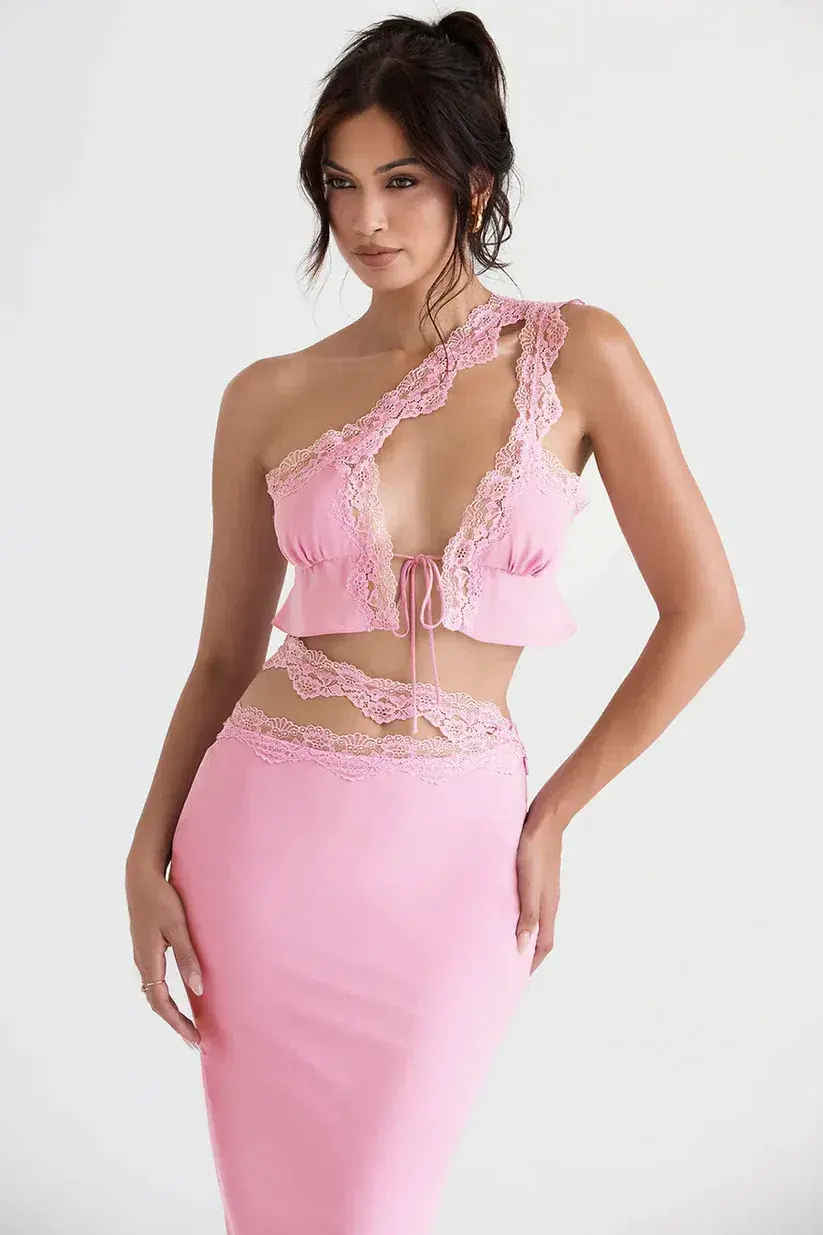 House of CB Lorena Floaty Cropped Top and Mathilda Lace Trim Skirt Set Pink Size 8 for rent on The Volte - main image