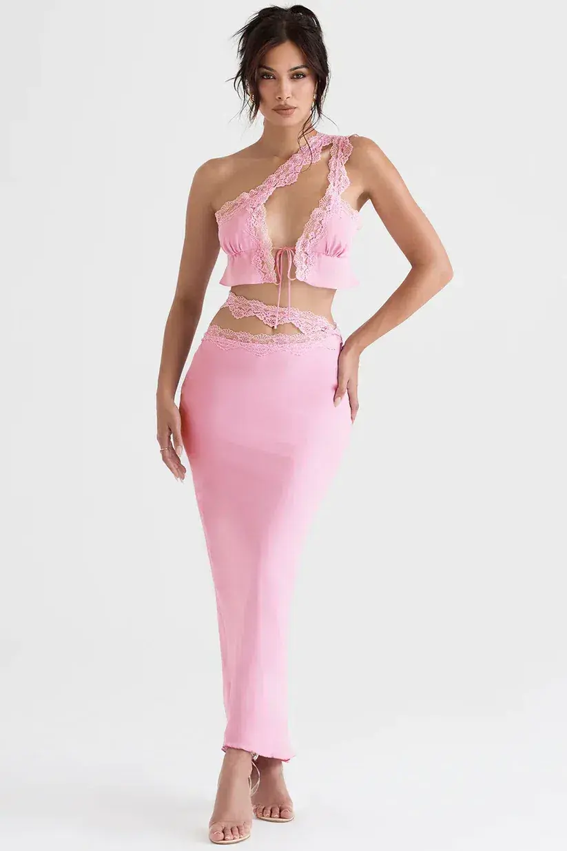 House of CB Lorena Floaty Cropped Top and Mathilda Lace Trim Skirt Set Pink Size 8 - Image 4