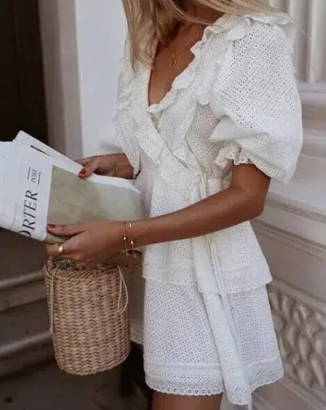 Shona Joy Ackley Broderie Frill Puff Sleeve Mini Dress White Size 12 for rent on The Volte - main image