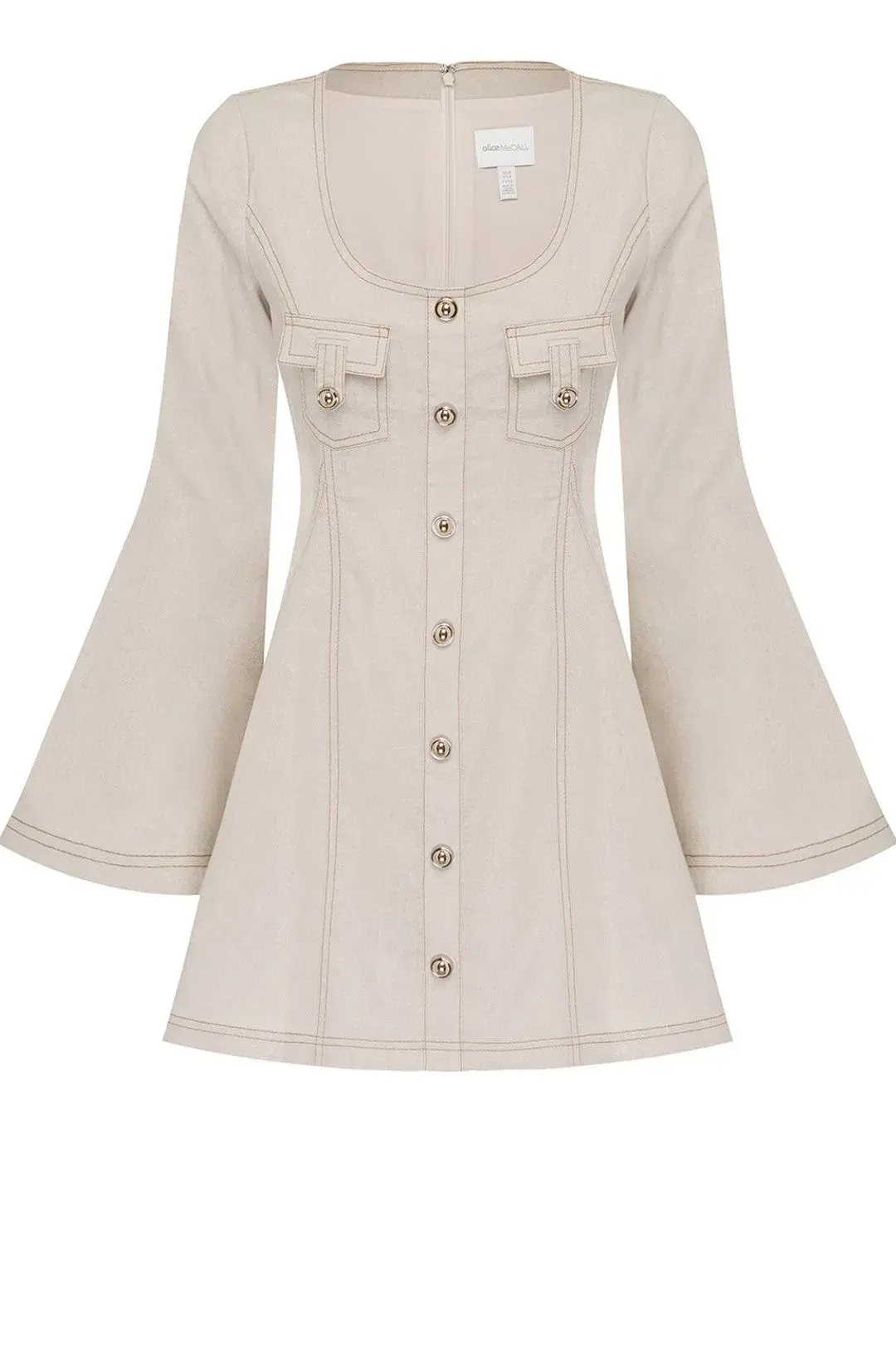 Alice McCall Lost Together Linen Bell Flared Sleeves Mini Dress in Oatmeal Size 10 - Image 4