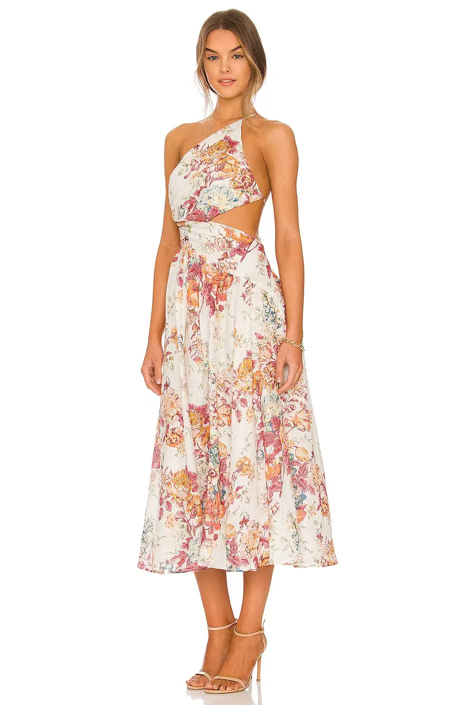 Zimmermann Pattie Cutout Open Back Linen Midi Dress in Cream Floral Size 0 for rent on The Volte - main image