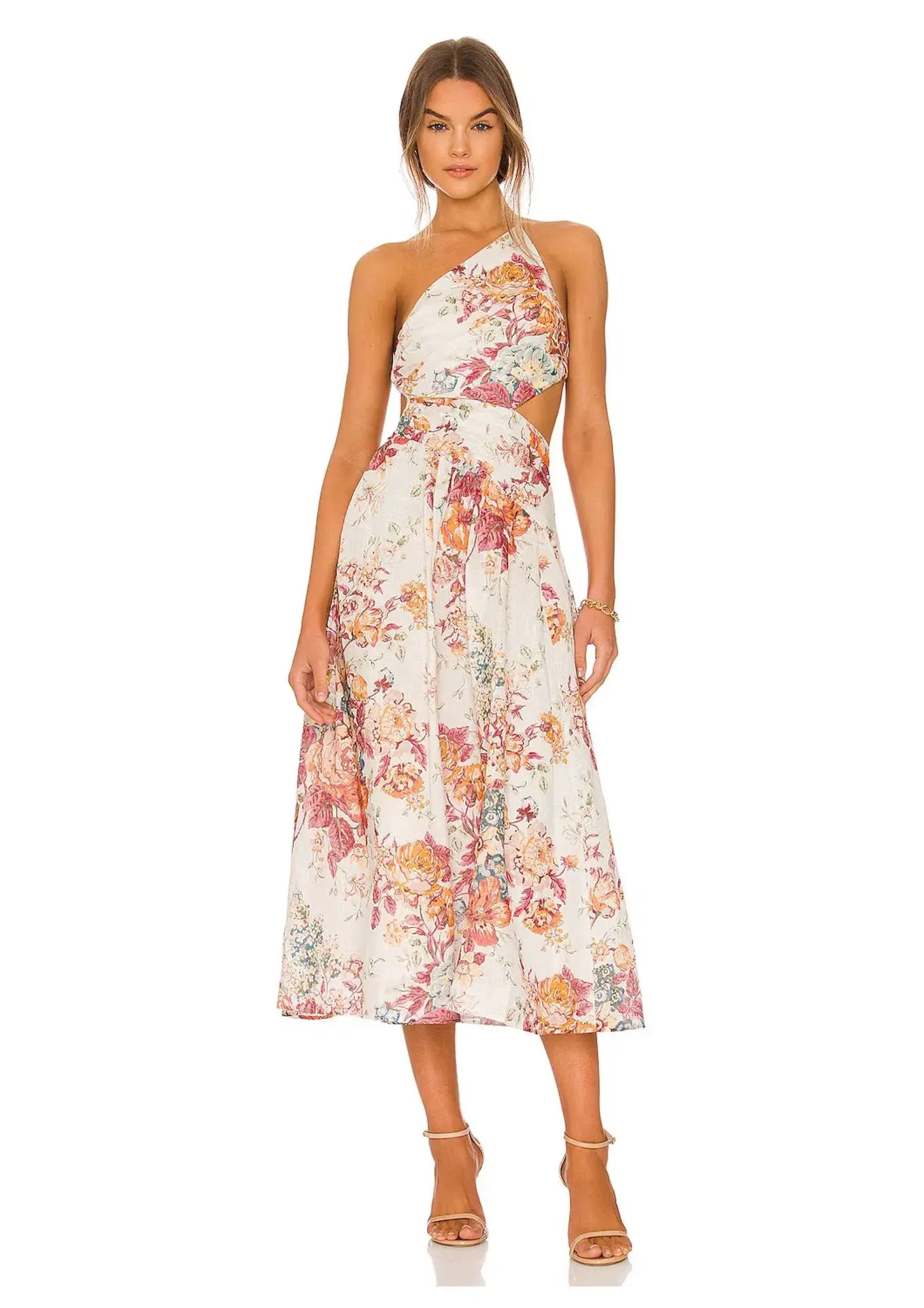 Zimmermann Pattie Cutout Open Back Linen Midi Dress in Cream Floral Size 0 - Image 1