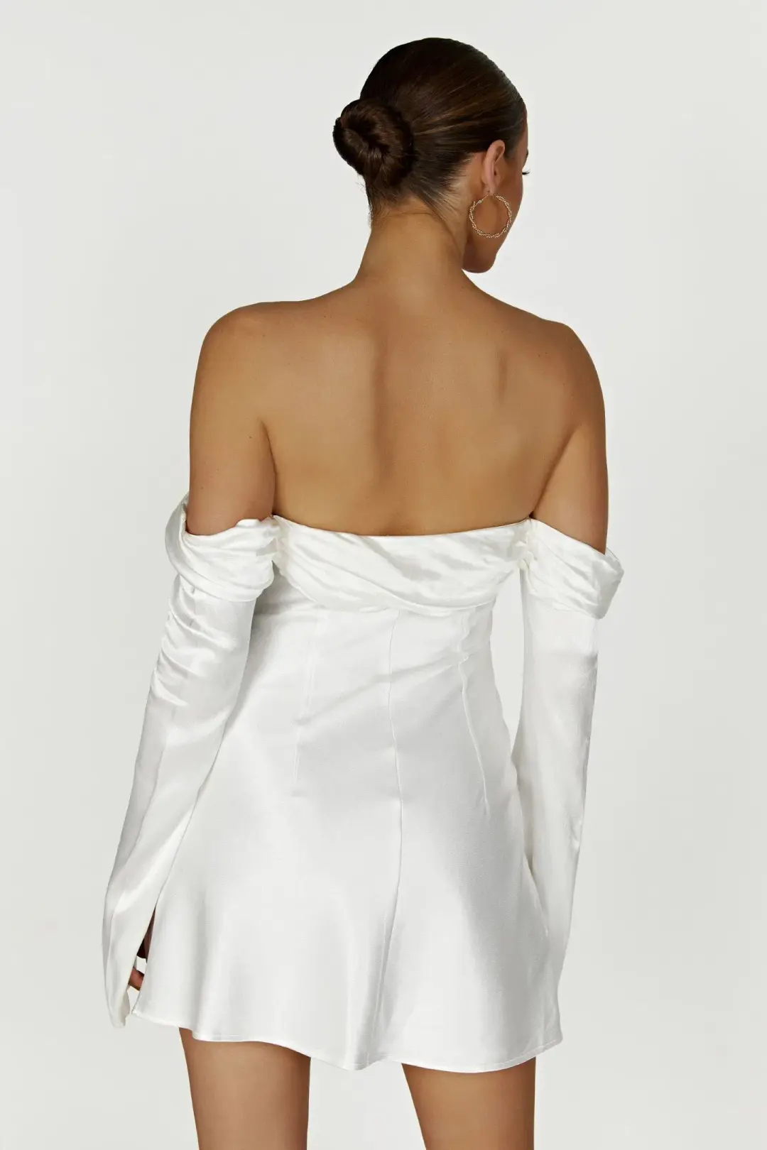 Meshki Giselle Off Shoulder Satin Mini Dress White Size S/AU 8 for rent on The Volte - main image