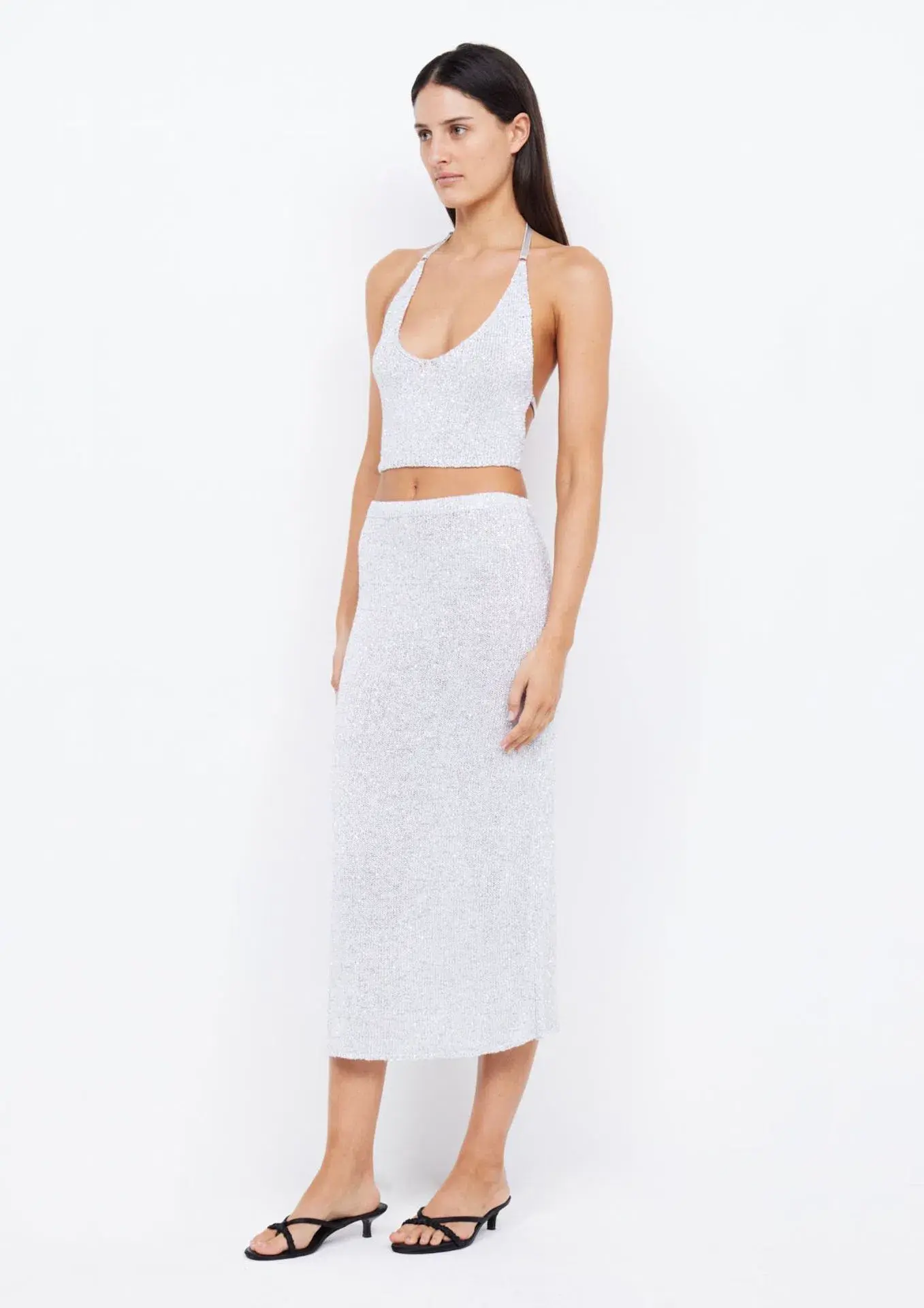 Bec & Bridge Sadie Sequin Knit Crop Top and Maxi Skirt Set Crystal Silver Size M / AU 10 - Image 1